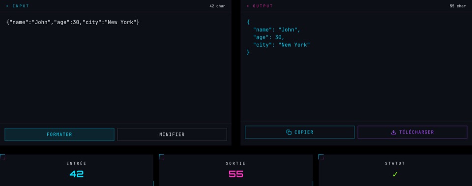Capture d'écran de l'outil Formateur & validateur JSON