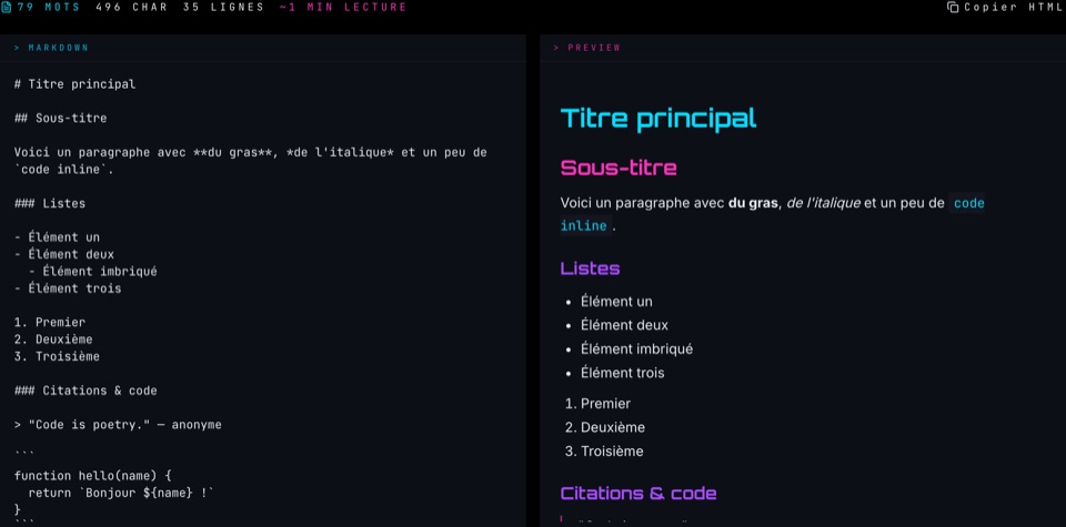 Capture d'écran de l'outil Éditeur Markdown